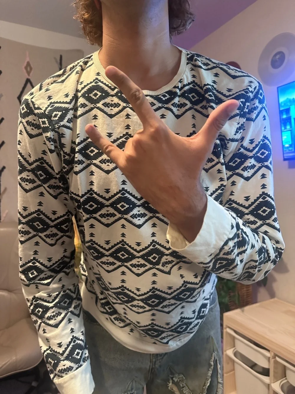 21men Cream and Dark Blue Aztec Crewneck Sweater - Picture 8 of 13